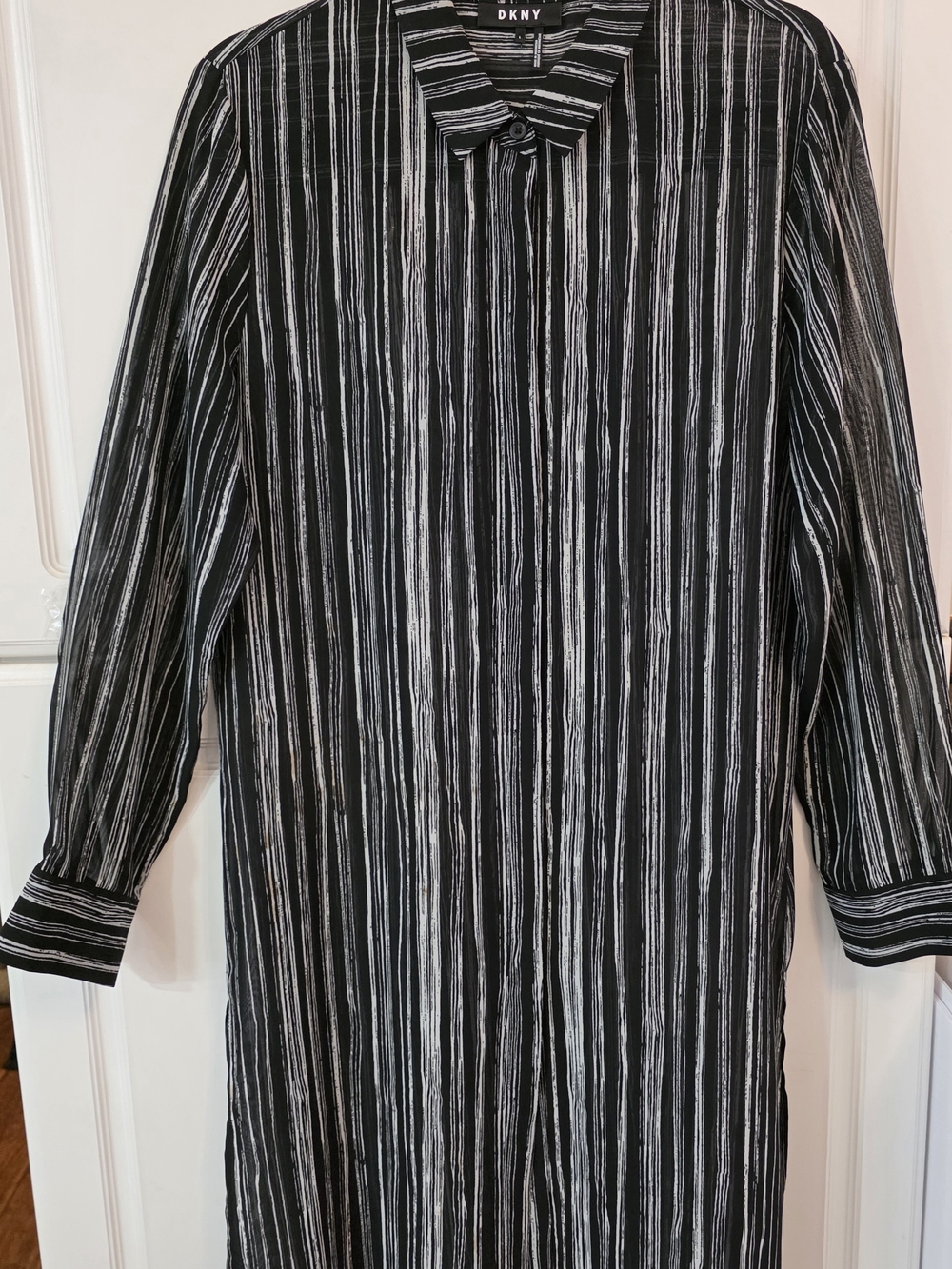 DKNY Women's Black & White Striped Sheer Tunic Top- Large- EUC
